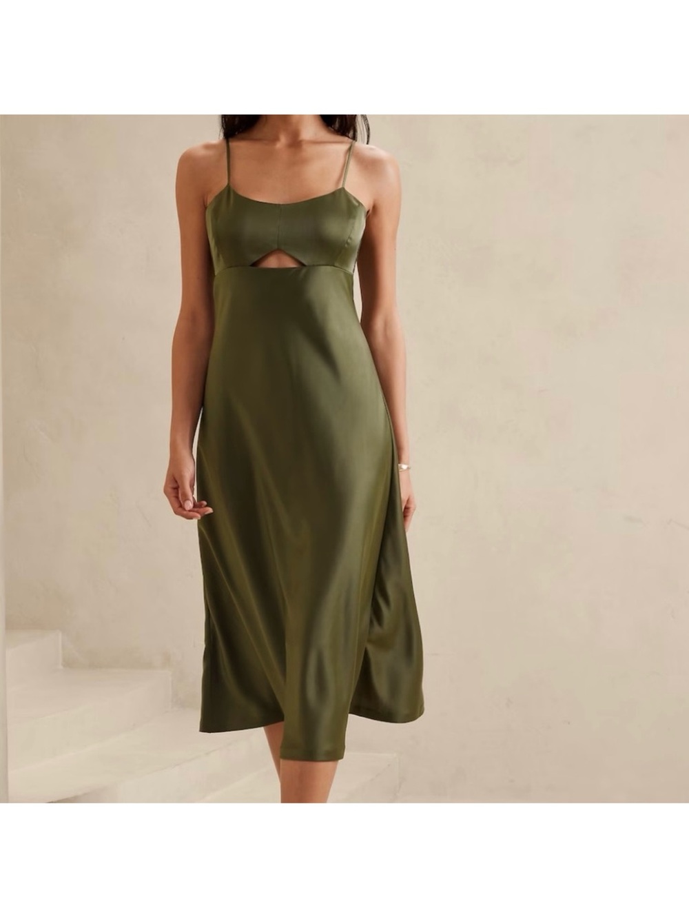 Banana Republic Olive Green Satin Cutout Slip Dress Size 12